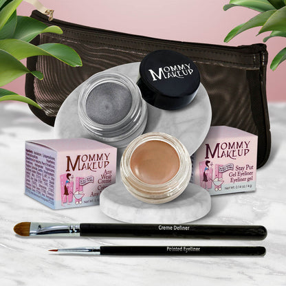 Waterproof eye makeup set with metallic gray gel, skin-toned cream, two brushes, and pouch.