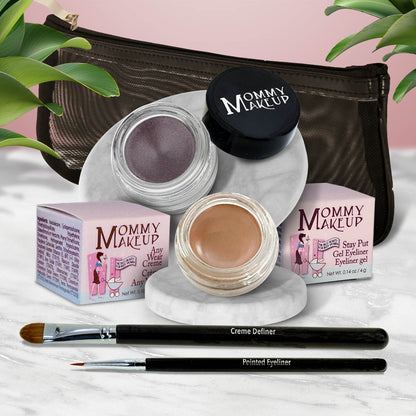 Waterproof eye makeup set with mauve-lilac gel, skin-toned cream, two brushes, and pouch.