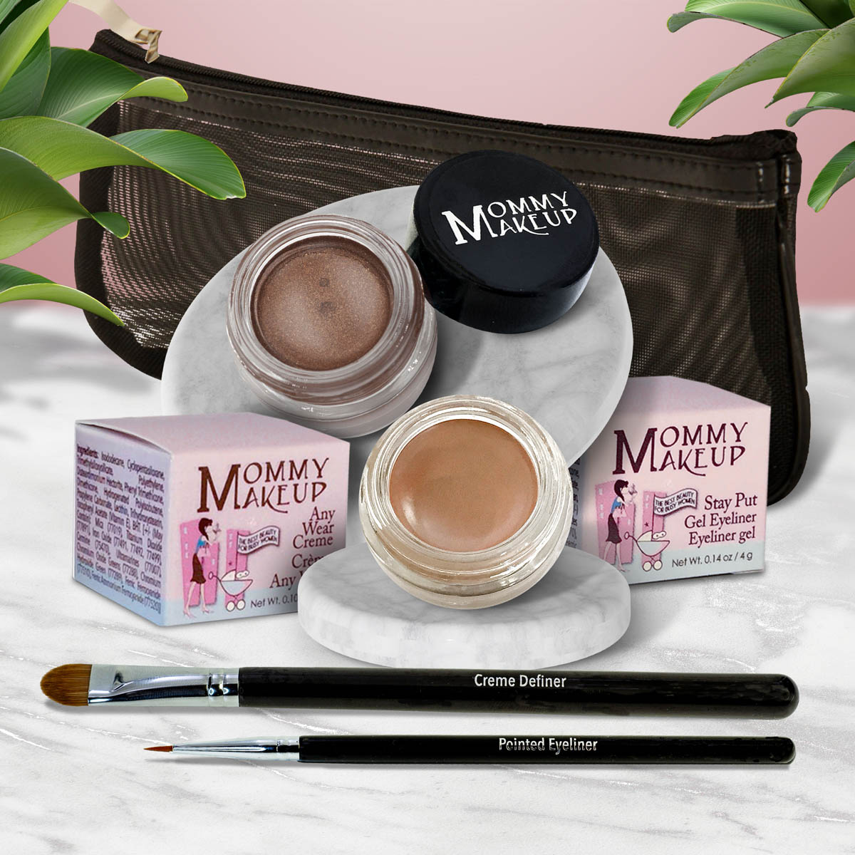 Waterproof eye makeup set with bronze-brown gel, skin-toned cream, two brushes, and pouch.