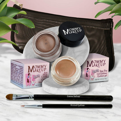Waterproof eye makeup set with bronze-brown gel, skin-toned cream, two brushes, and pouch.