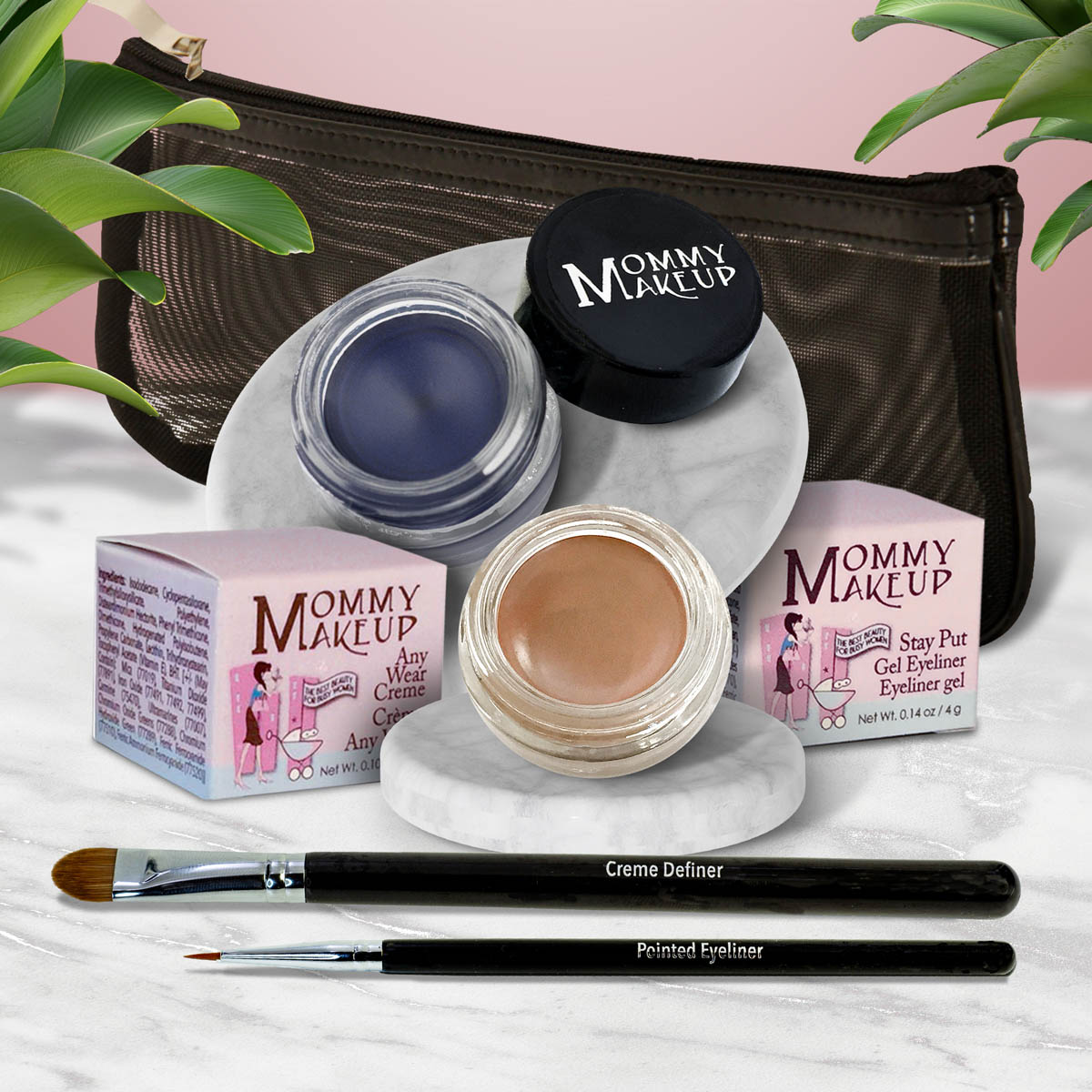 Waterproof eye makeup set with deep blue gel, skin-toned cream, two brushes, and pouch.