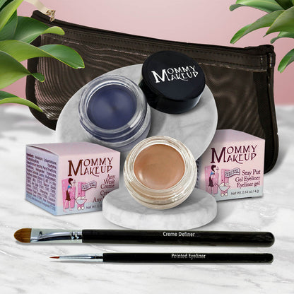 Waterproof eye makeup set with deep blue gel, skin-toned cream, two brushes, and pouch.