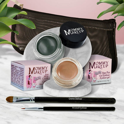 Waterproof eye makeup set with deep green gel, skin-toned cream, two brushes, and pouch.
