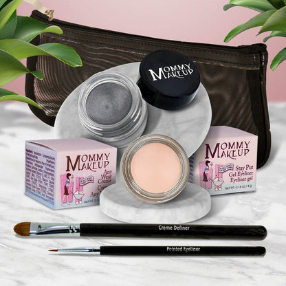 Waterproof eye makeup kit with gray-silver gel liner, cream eye base, and eyeliner brushes
