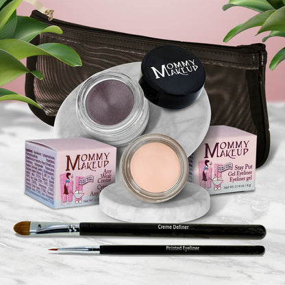 Waterproof eye makeup kit with mauve gel liner, cream eye base, and eyeliner brushes