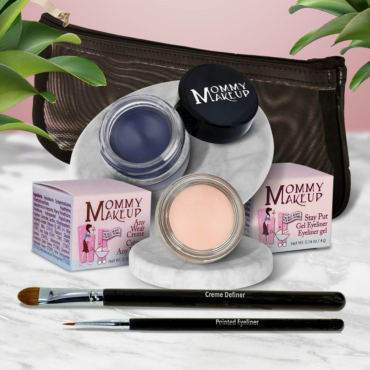 Waterproof eye makeup kit with blue gel liner, cream eye base, and eyeliner brushes