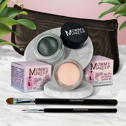 Waterproof eye makeup kit with green gel liner, cream eye base, and eyeliner brushes