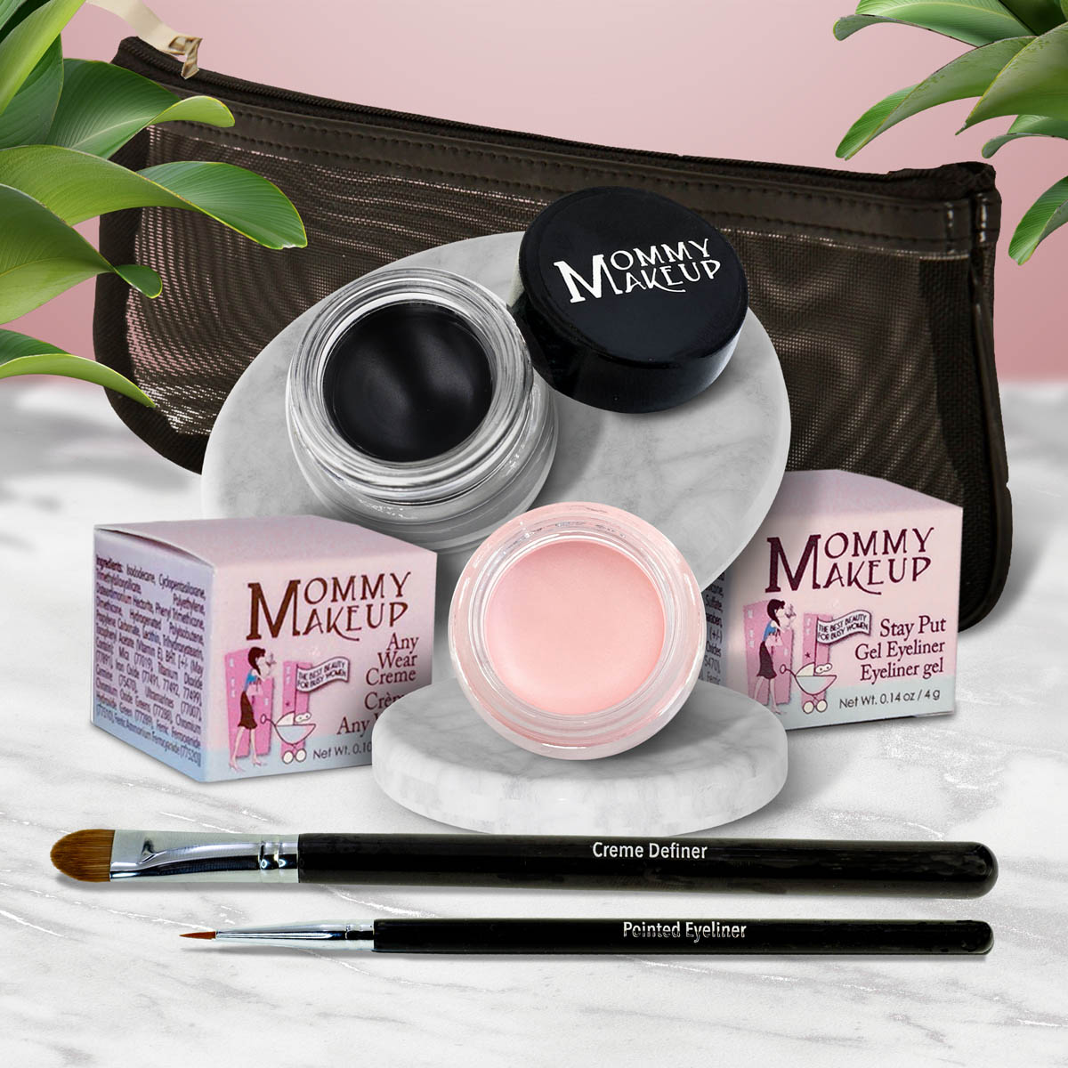 Waterproof eye makeup kit with black gel liner, pink cream eye base, and eyeliner brushes