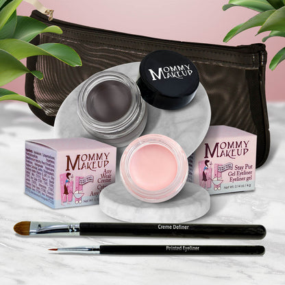 Waterproof eye makeup kit with gray gel liner, pink cream eye base, and eyeliner brushes