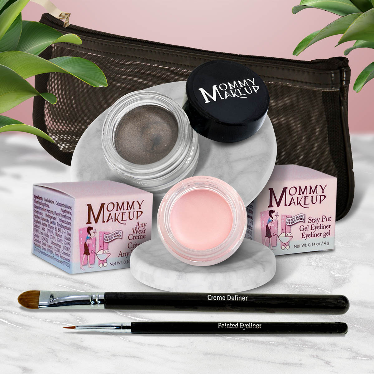 Waterproof eye makeup kit with dark taupe gel liner, pink cream eye base, and eyeliner brushes