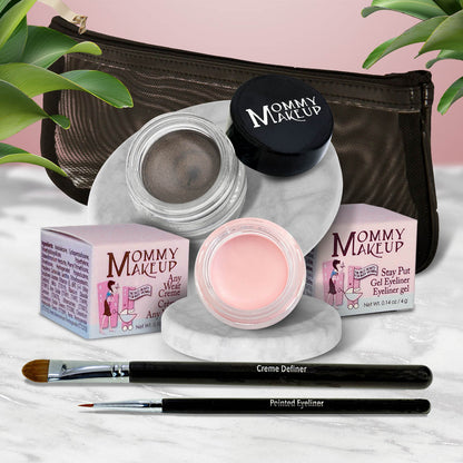 Waterproof eye makeup kit with dark taupe gel liner, pink cream eye base, and eyeliner brushes
