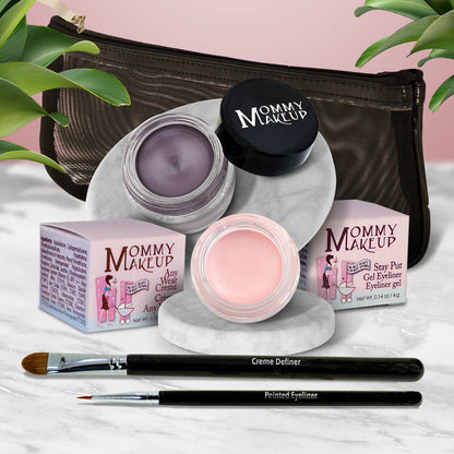 Waterproof eye makeup kit with lavender gel liner, pink cream eye base, and eyeliner brushes