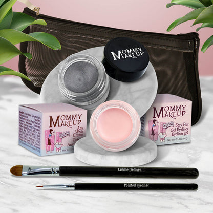 Waterproof eye makeup set with gray cream pot, pink pot, and black eyeliner brush