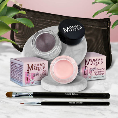 Waterproof eye makeup set with purple cream pot, pink pot, and black eyeliner brush