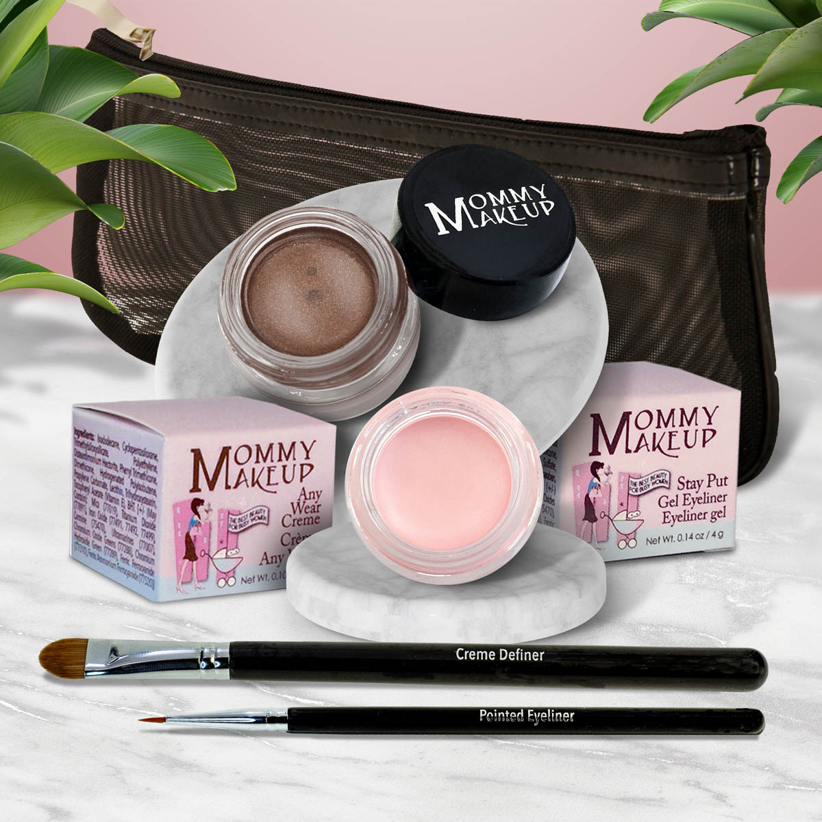 Waterproof eye makeup set with brown cream pot, pink pot, and black eyeliner brush