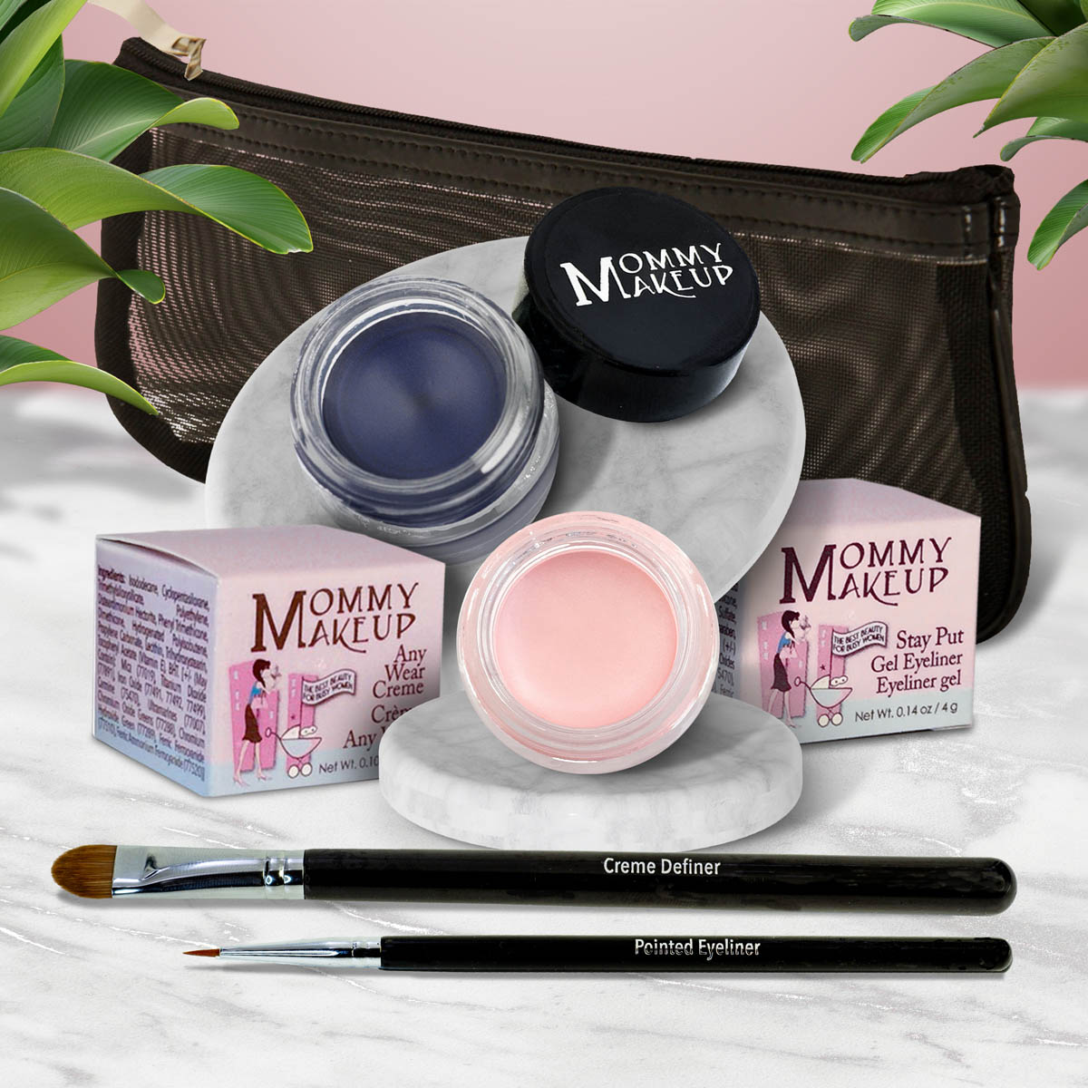 Waterproof eye makeup set with blue cream pot, pink pot, and black eyeliner brush