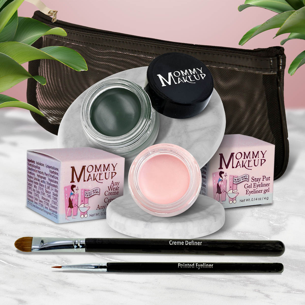 Waterproof eye makeup set with green cream pot, pink pot, and black eyeliner brush
