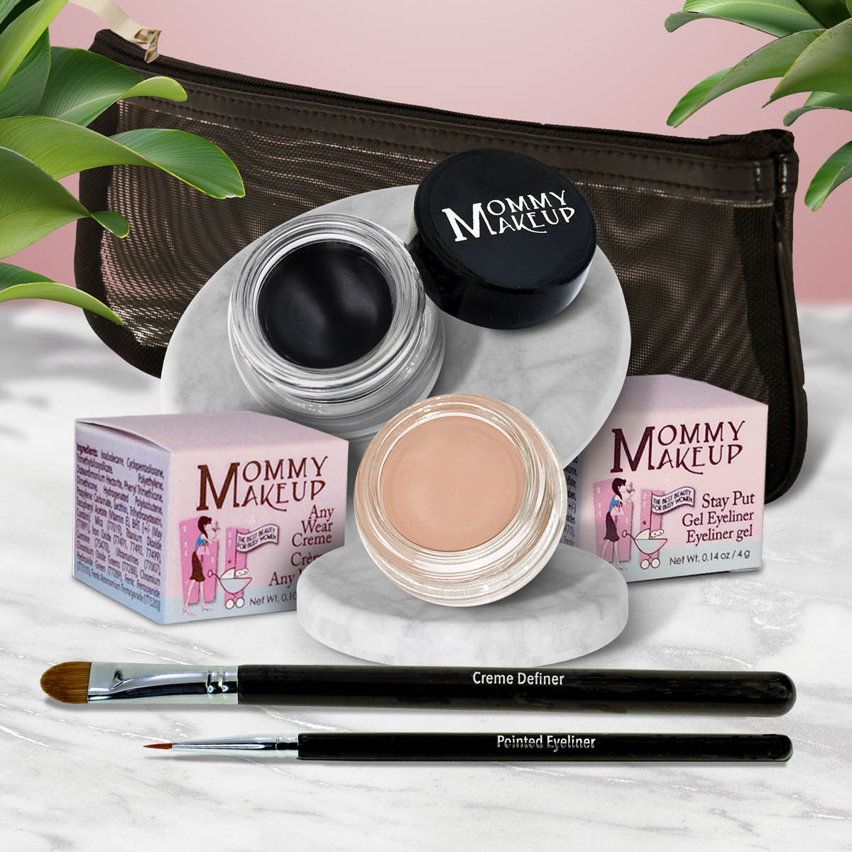 Waterproof eye makeup set with black cream pot, pink pot, and black eyeliner brush