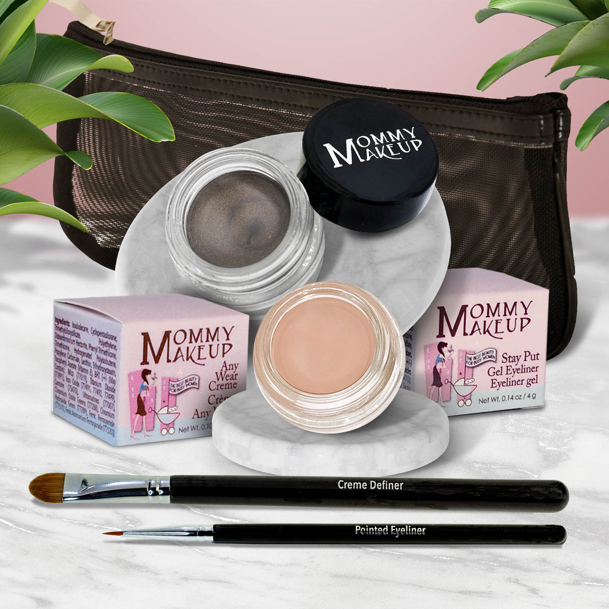 Waterproof eye makeup set with taupe cream pot, pink pot, and black eyeliner brush