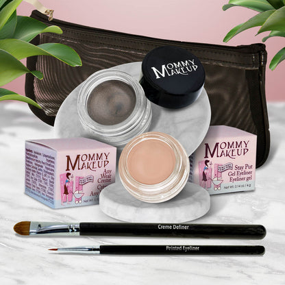 Waterproof eye makeup set with taupe cream pot, pink pot, and black eyeliner brush