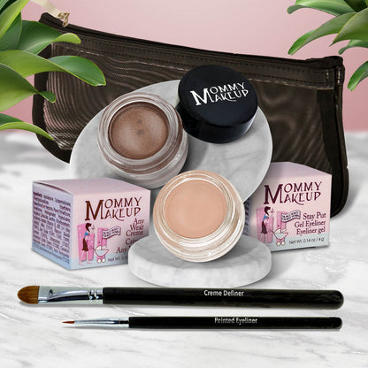 Waterproof eye makeup set with taupe and nude eye creams, liner brushes in black pouch.