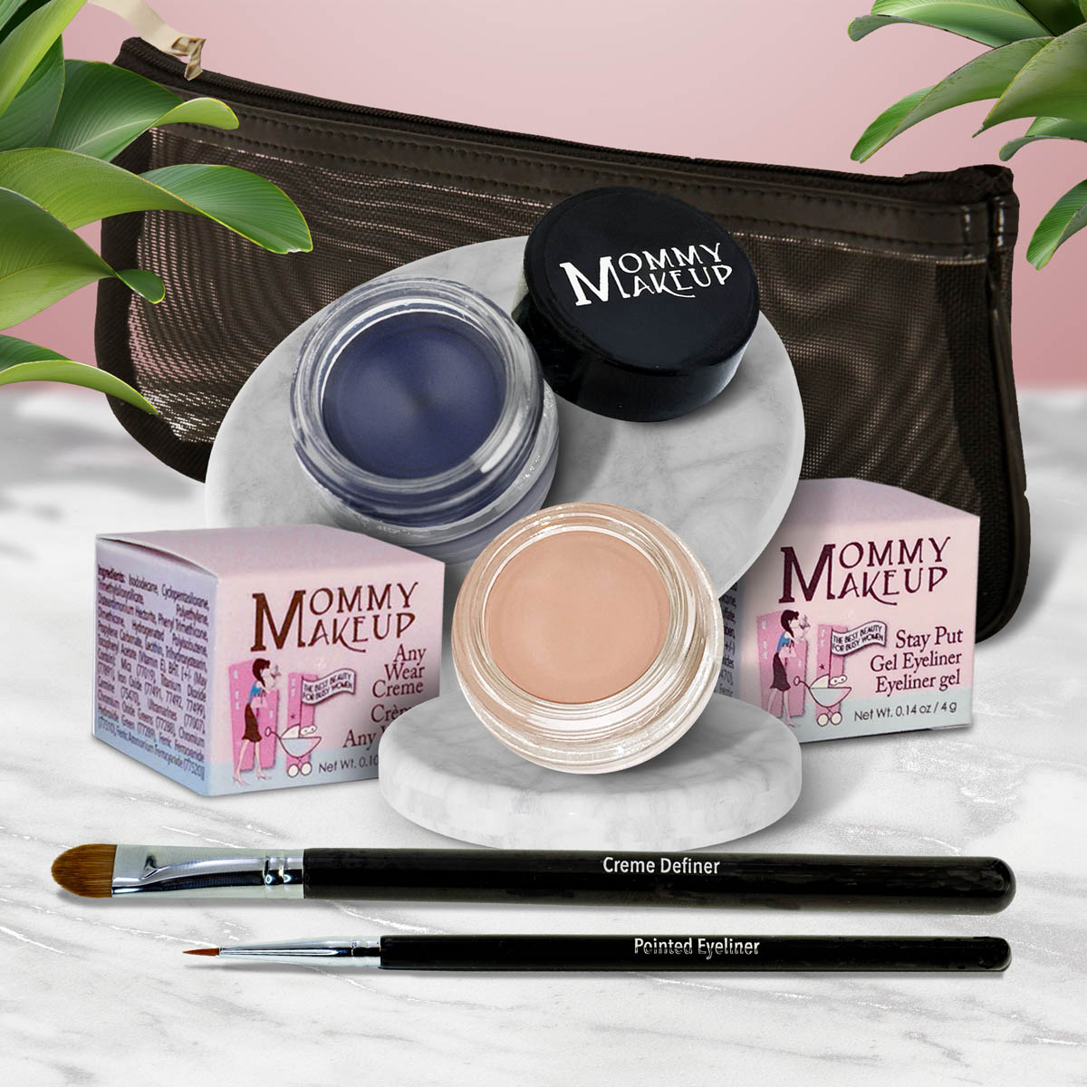 Waterproof eye makeup set with deep blue and nude eye creams, liner brushes in black pouch.