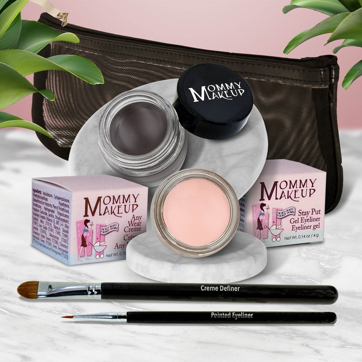 Waterproof eye makeup set with silver-gray and nude eye creams, liner brushes in black pouch.