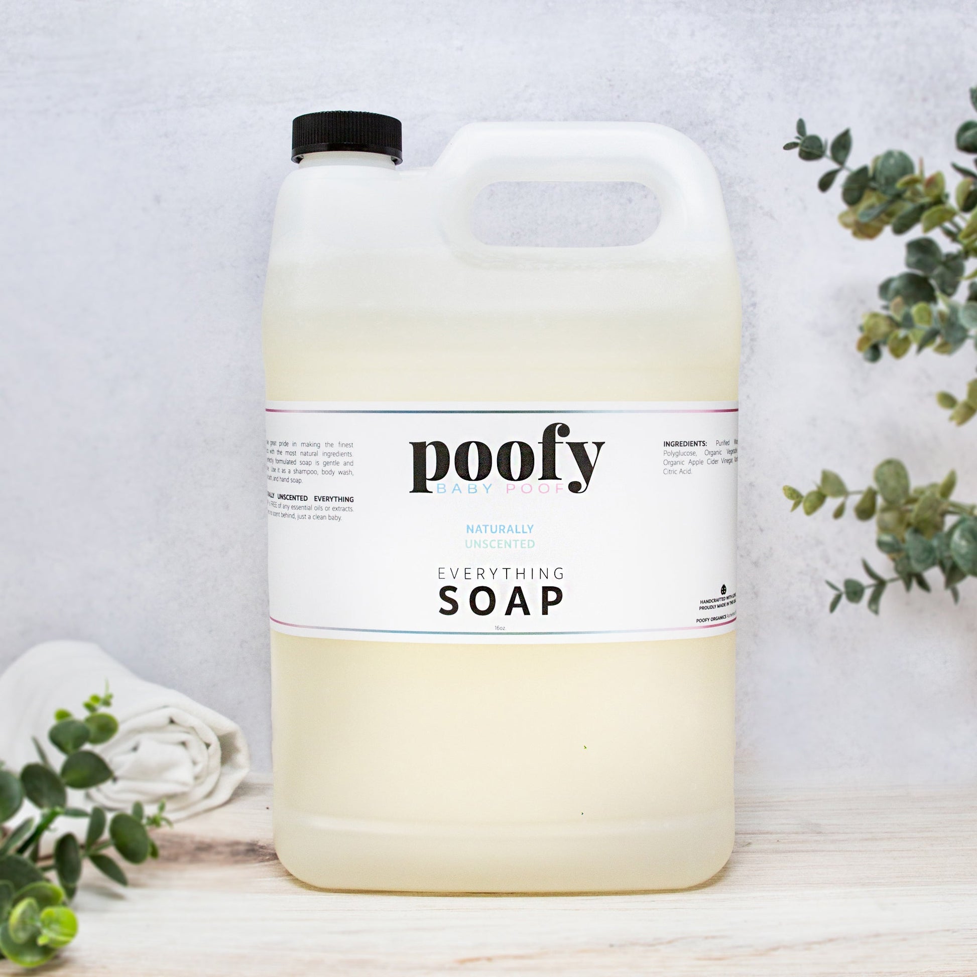 Gallon soap jug with poofy Everything Soap label