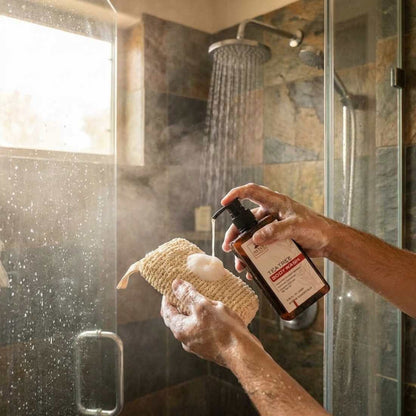 Beige bath sponge scrubber being used in shower with soap
