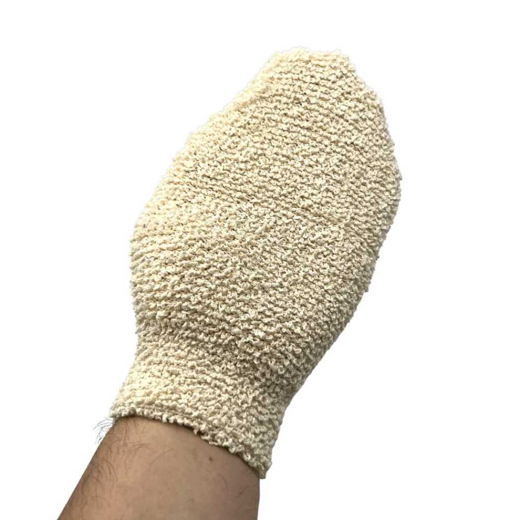 Beige exfoliating shower mitt with cuffed wrist and dense scrubby fabric