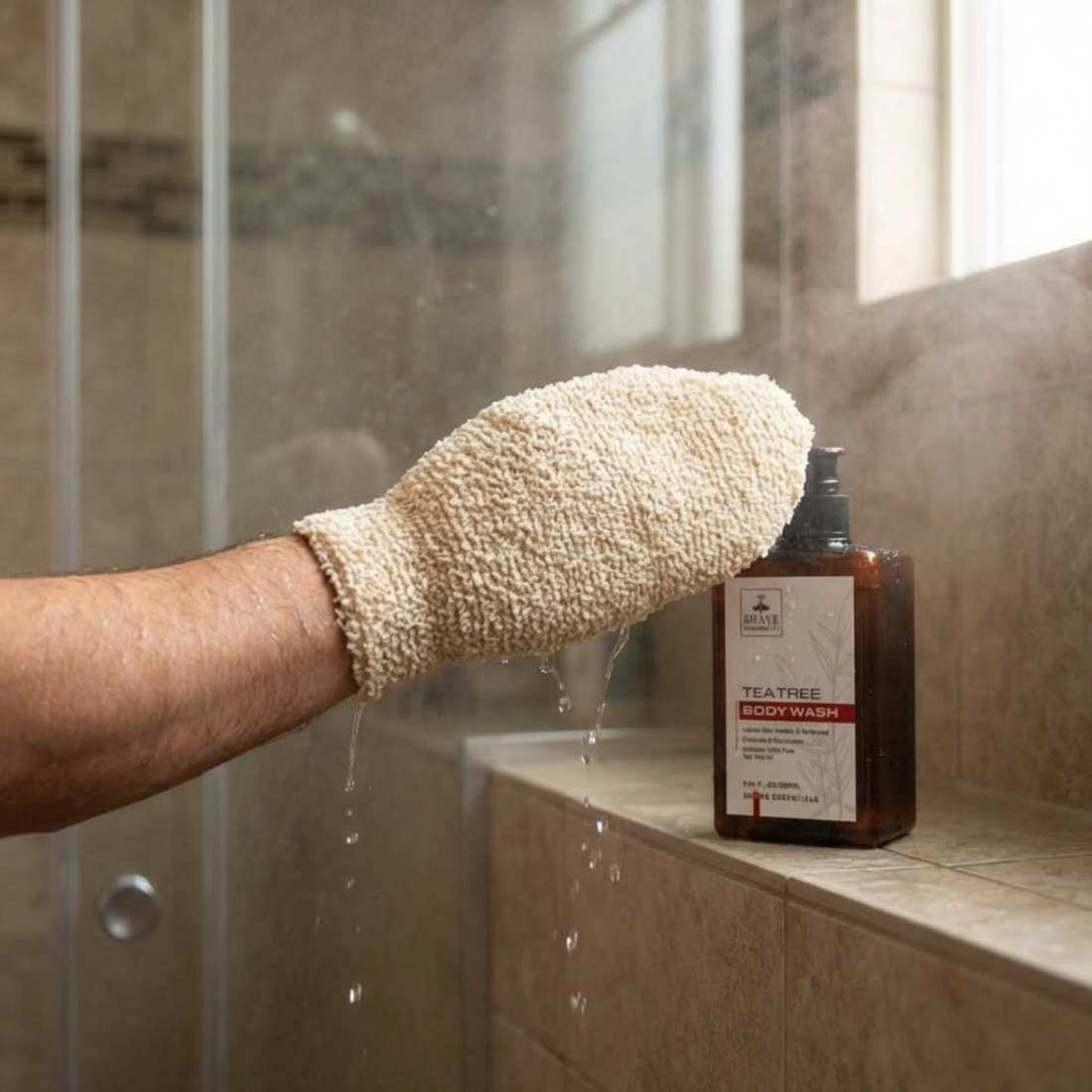 Textured beige shower mitt worn on hand, designed for exfoliating in the shower
