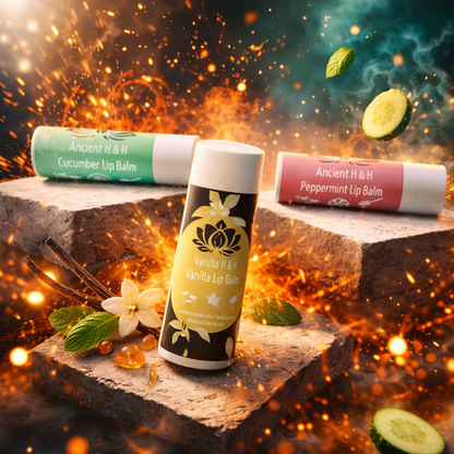 Tallow lip balm tubes with cucumber, vanilla, and peppermint labels on display
