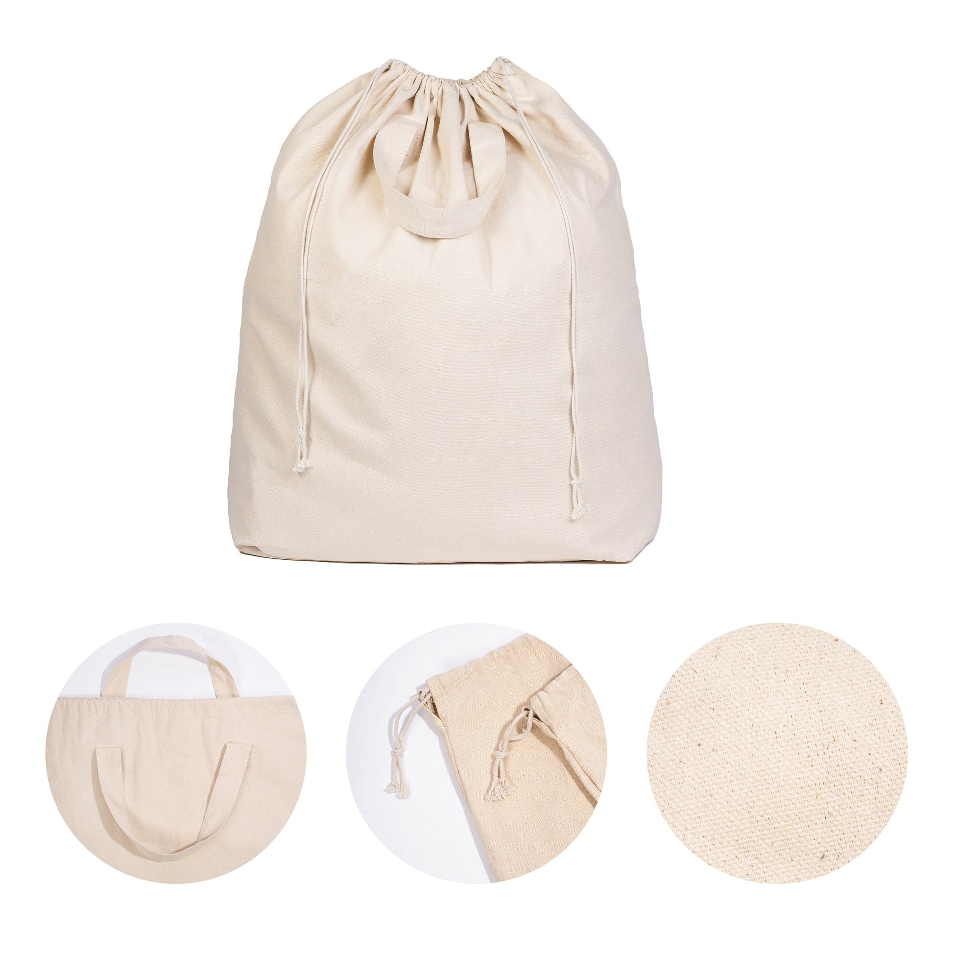 Cream canvas laundry bag set showing main bag, drawstring detail, and fabric texture