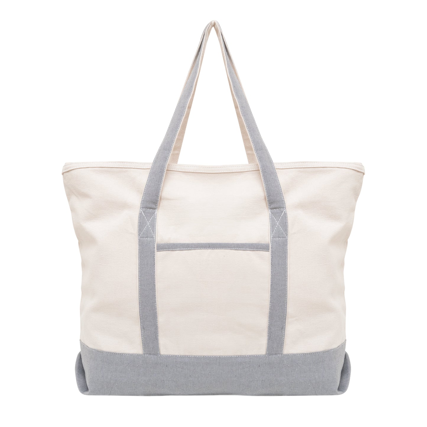 Light gray and off-white canvas tote with wide handles and gray bottom panel.