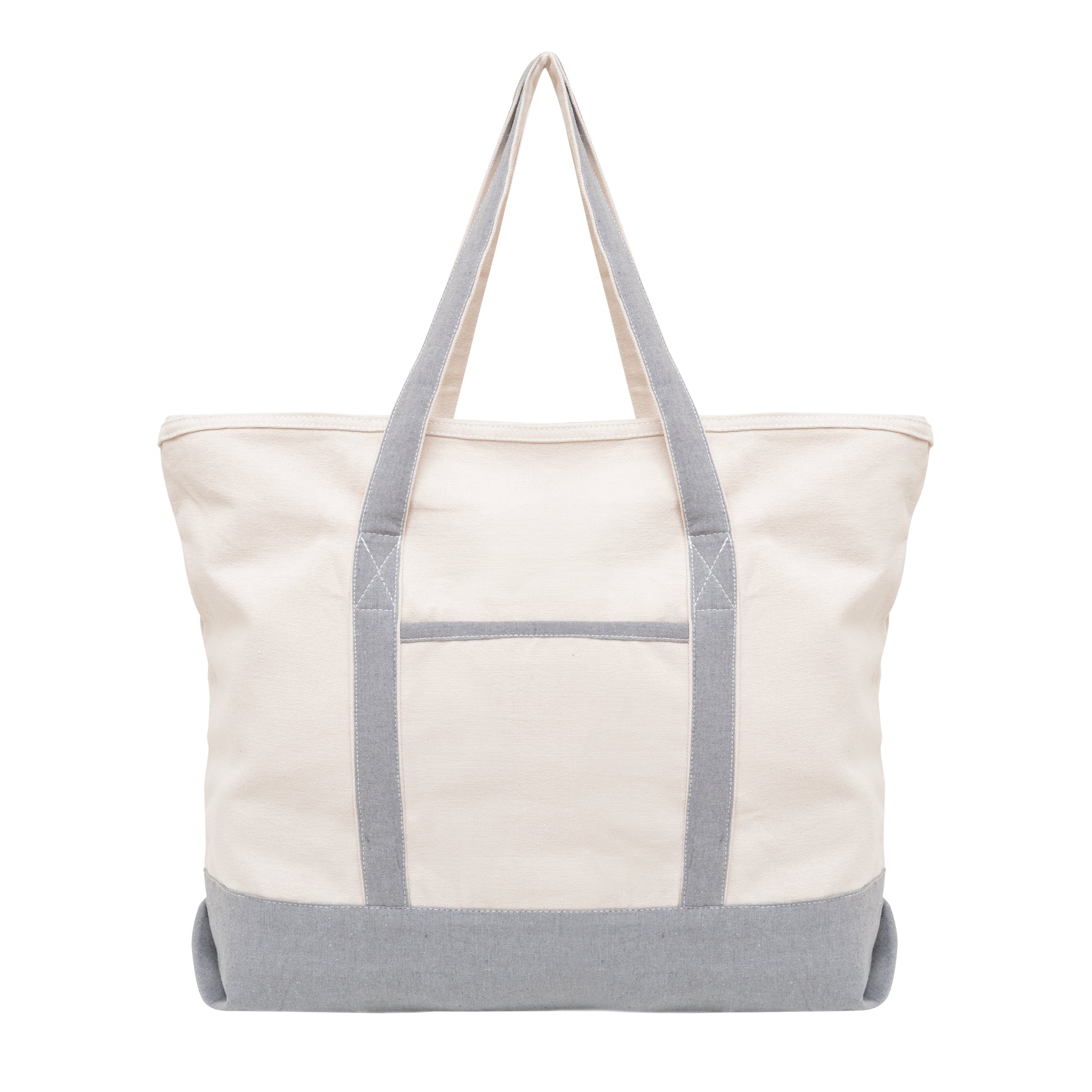 Light gray and off-white canvas tote with wide handles and gray bottom panel.