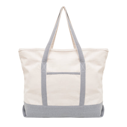 Light gray and off-white canvas tote with wide handles and gray bottom panel.