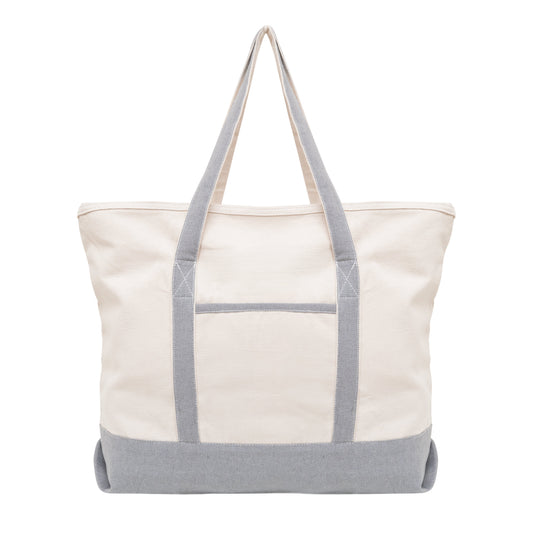 Light gray and off-white canvas tote with wide handles and gray bottom panel.