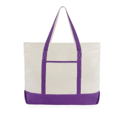 Cream canvas tote bag with purple handles and purple bottom band.