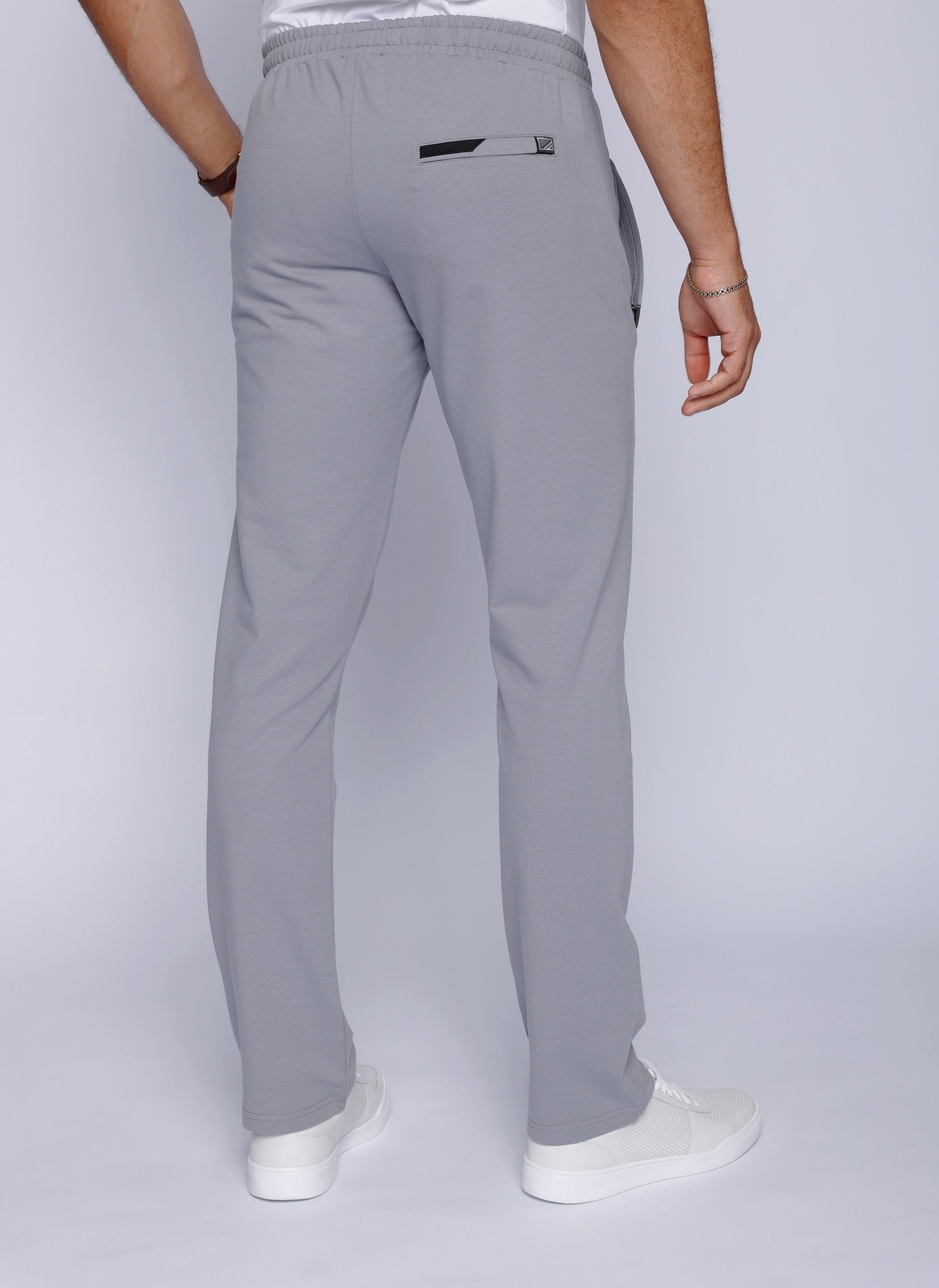 Men’s athletic straight sweatpants in light gray heather with elastic waistband and cuffs