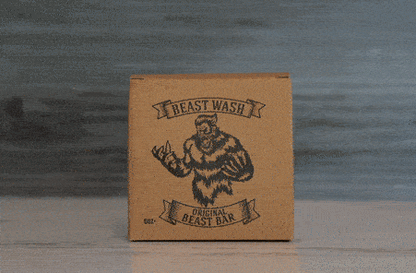 Brown body wash bar box with bear emblem and Rugged label