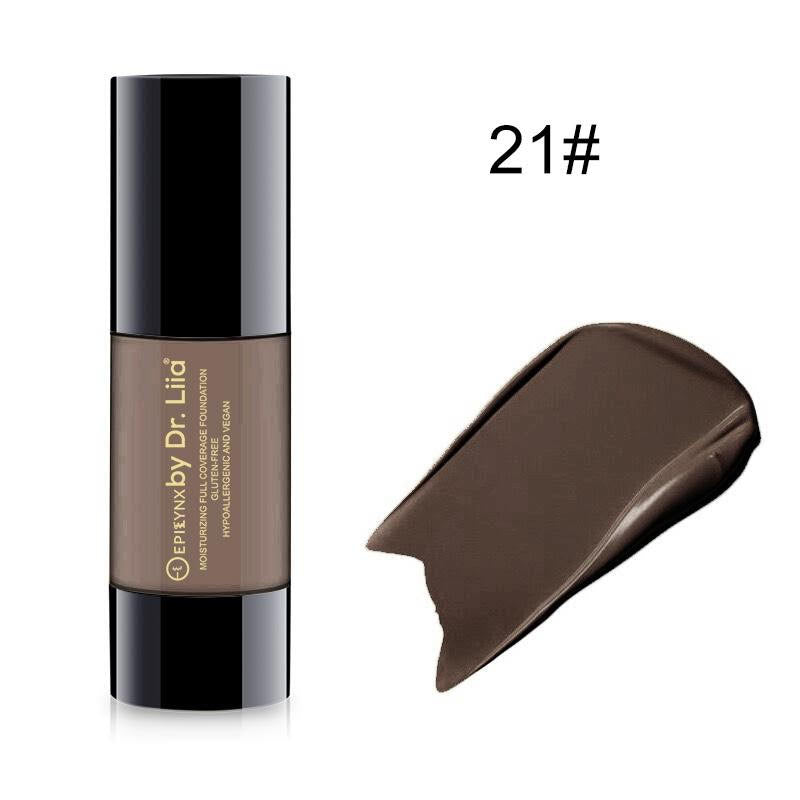 Dewy finish foundation bottle and swatch, shade 21#.