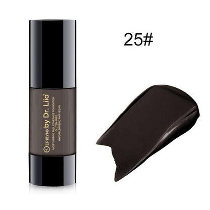 Dewy finish foundation bottle and swatch, shade 25#.