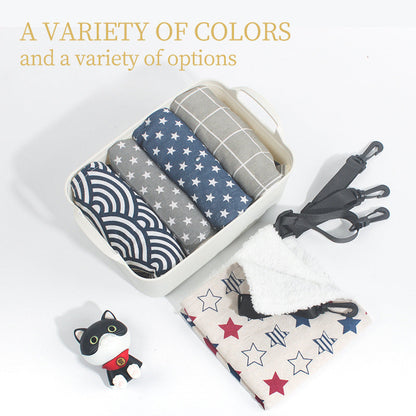 Assorted pet hammock fabric options with black straps in star, grid, and check patterns