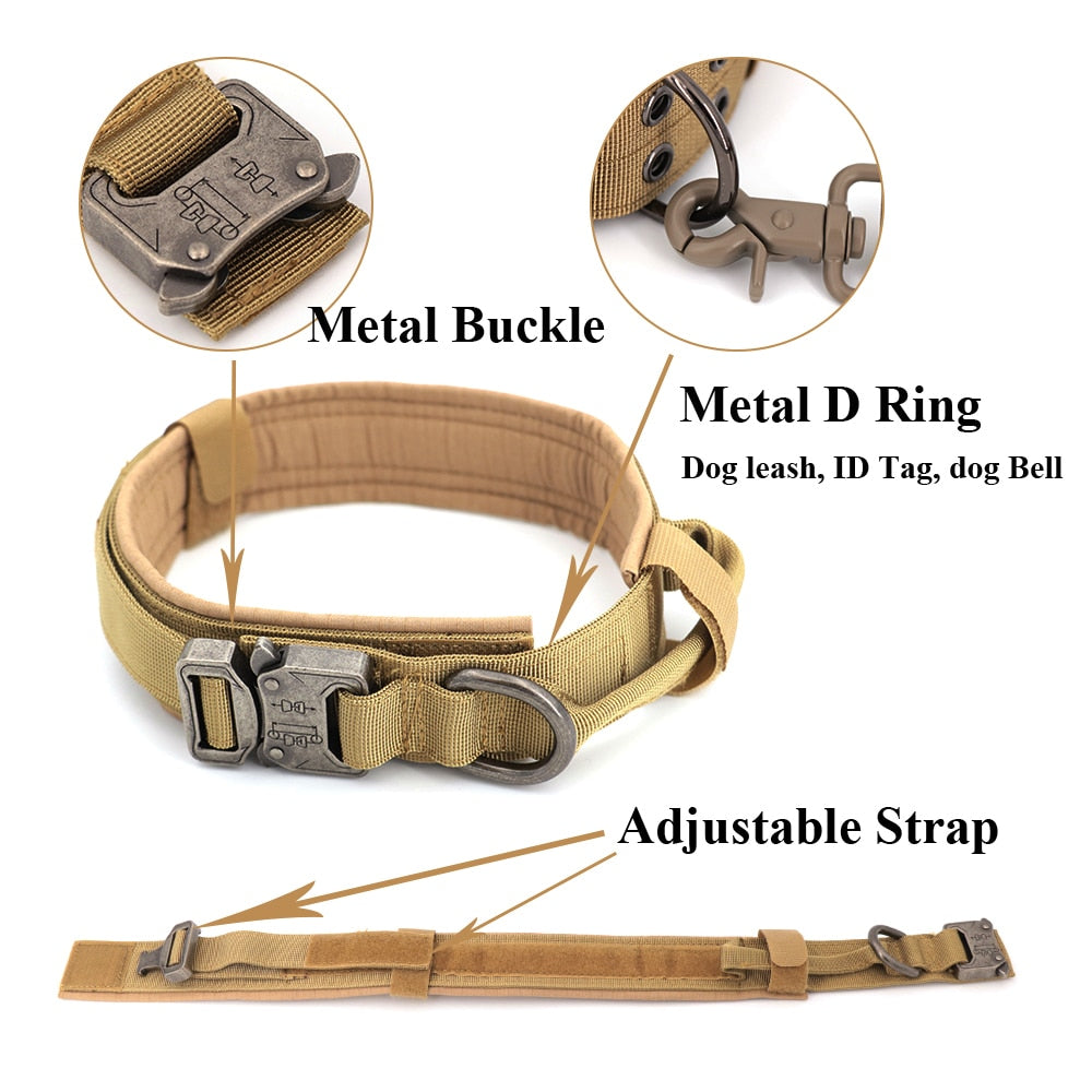 Beige fabric dog collar with metal buckle, D-ring, and adjustable strap