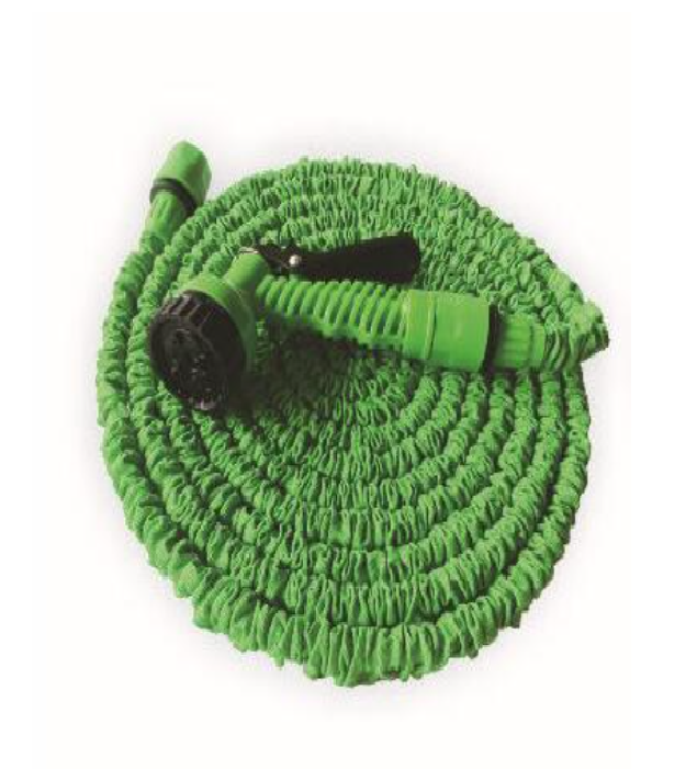 Green flexible garden hose coiled tubing with spray nozzle head