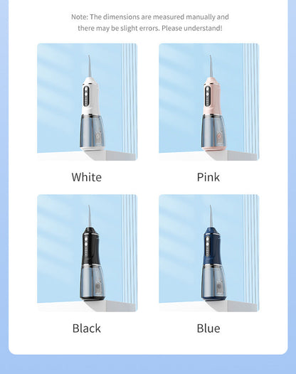 Portable electric dental flosser in white, pink, black, and blue options