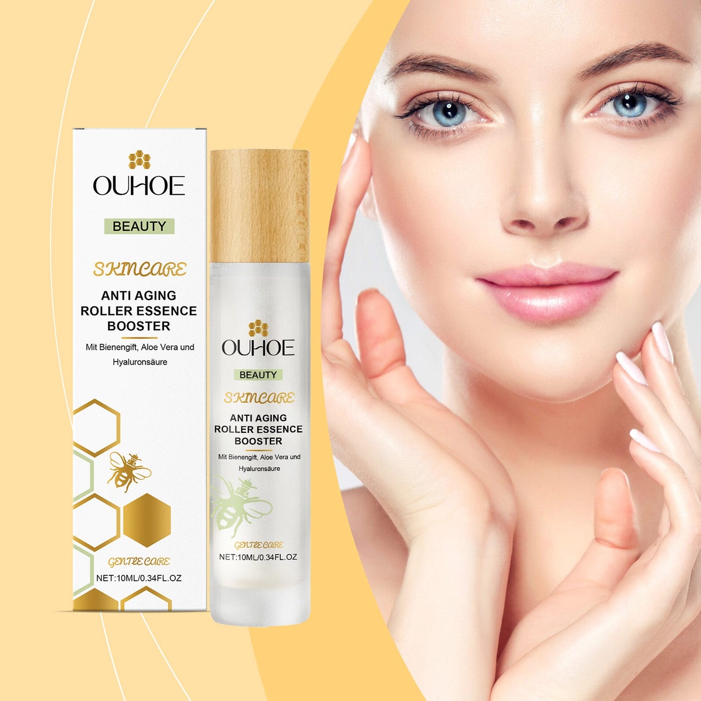 OUHOE night roll-on serum box and silver roller tube beside smooth skin