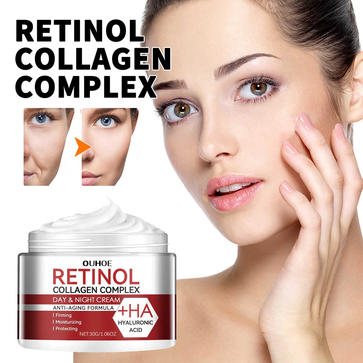 White cosmetic jar with lid, retinol collagen complex moisturizing cream