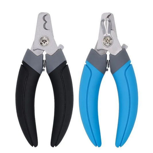 Pet nail clipper set with black and blue handles, stainless half-moon blade