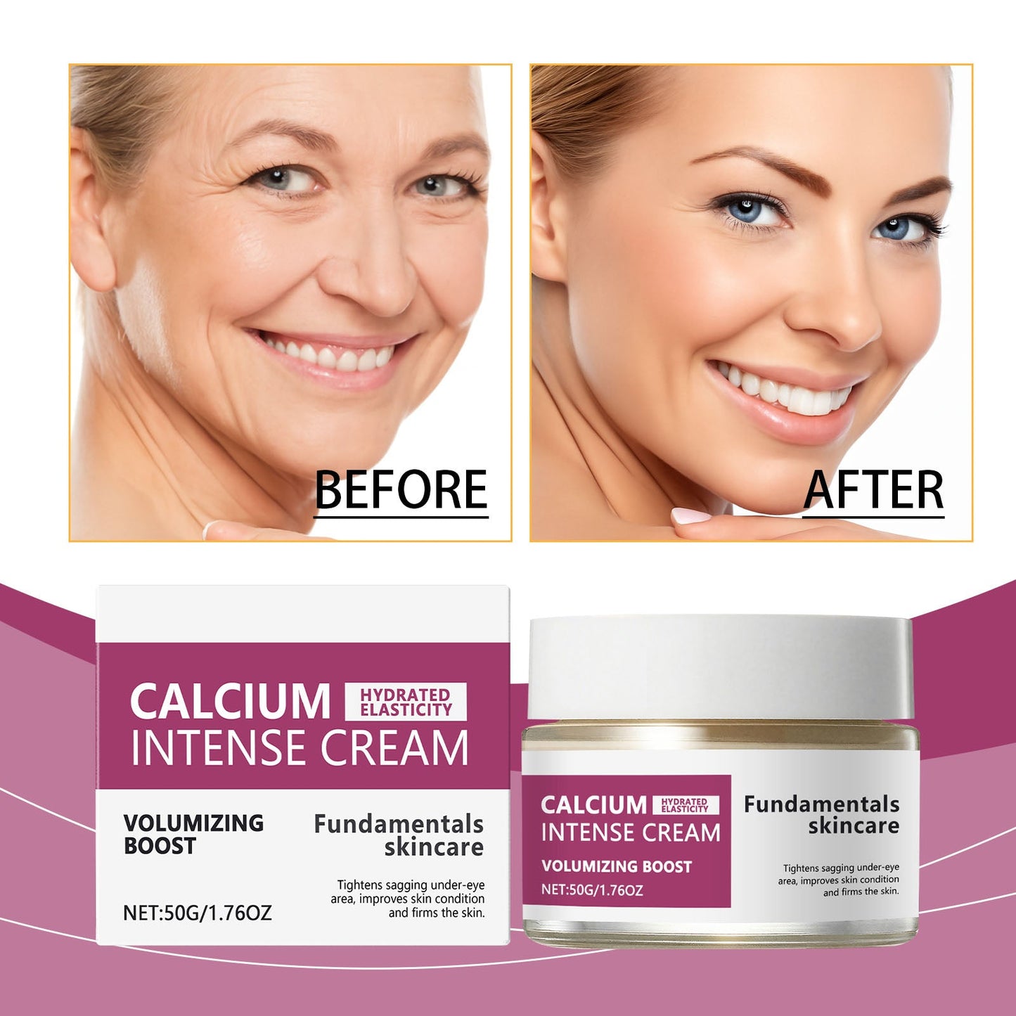 Moisturizing cream packaging set with jar and box, with before-and-after panels.